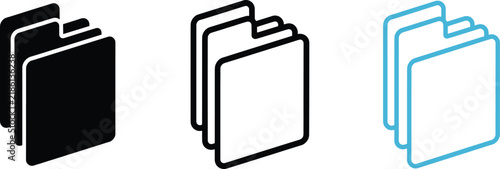 Three folder icons representing digital file management in outline, solid black, and blue styles