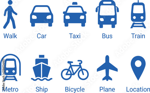 Transportation and travel icons set with blue solid symbols for public transit and navigation