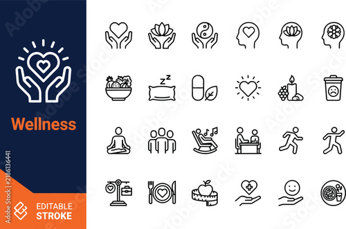 Wellness and healthy lifestyle line icons set for medical and fitness related projects