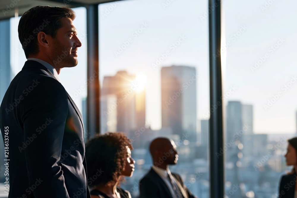 Fototapeta premium Corporate Leaders Looking Across Urban Skyline Through Bright Office Windows