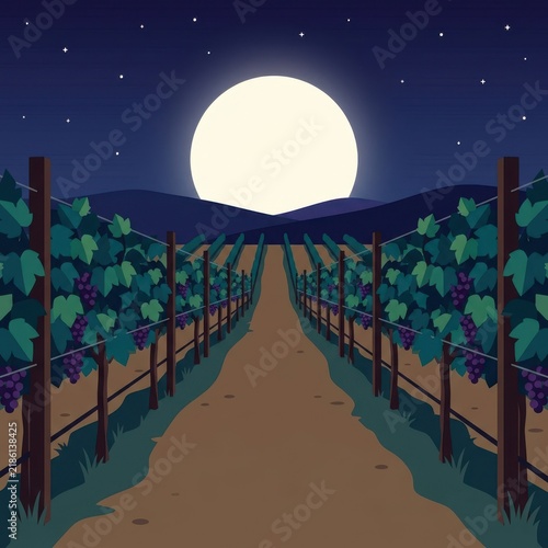 Flat vector illustration of a vineyard path under a giant full moon. Stylized grapevines with purple grapes at night. Wine country graphic background