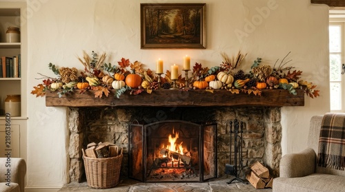 Thanksgiving decorations on rustic wooden mantelpiece above burning fireplace. Cozy living room with autumn pumpkin garland candles and basket of firewood logs