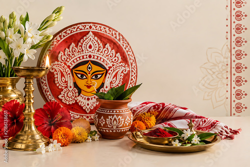 Durga Puja Motifs with Traditional Bengali Ritual Decor