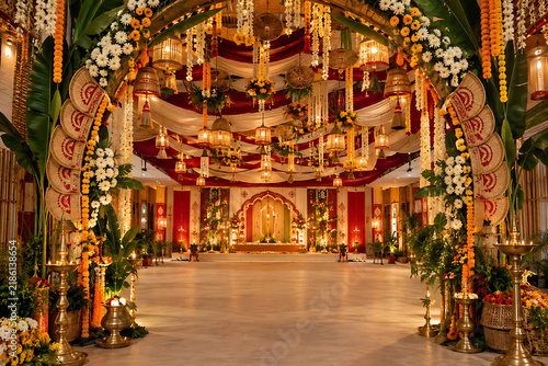 Durga Puja Pavilion Decoration with Floral Arch and Festive Lighting
