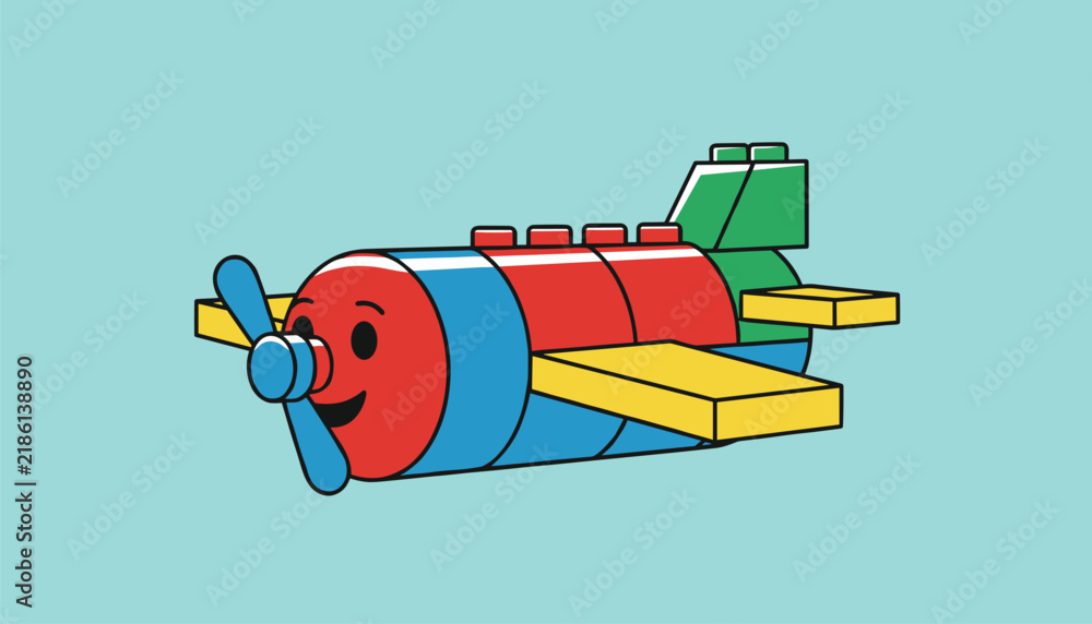 Obraz premium Colorful toy airplane built from plastic construction blocks with a cute smiling face on a light turquoise background.