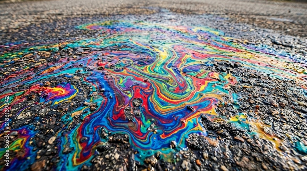 Fototapeta premium Rainbow Oil Spill on Asphalt Road - Abstract Color Pattern