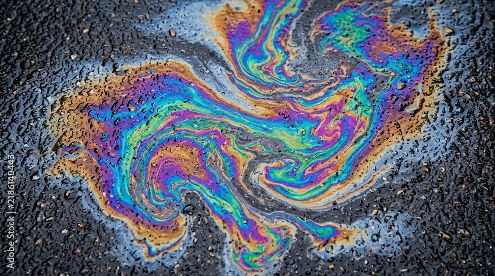 Obraz premium Vibrant iridescent oil slick on asphalt road, abstract colorful swirl pattern