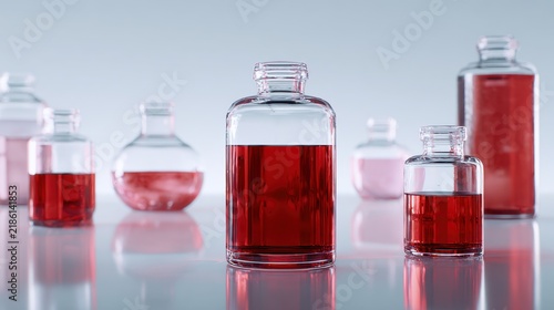 Bottles with red liquid on a table