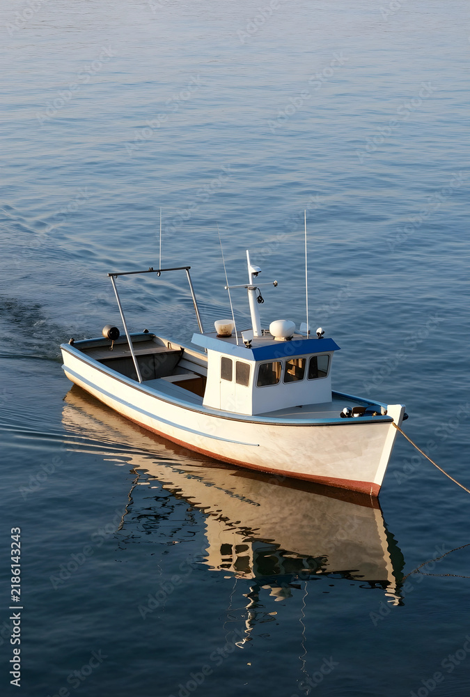 Fototapeta premium Sustainable fishing and maritime industry, small commercial boat moving through calm blue water for coastal trade and local seafood supply chain