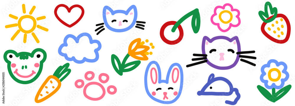 Fototapeta premium Sun cherry crayon for carrot kid paw and cat draw rainbow. Strawberry paint pencil for school cute kindergarten and color wax hand. Drawing vector earth for collage icon vacation and brush.
