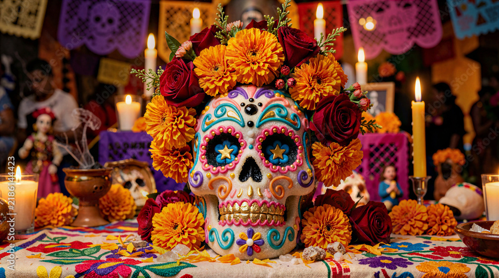 Fototapeta premium Day Of The Dead Sugar Skull Altar With Marigold Flowers