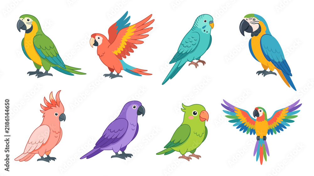 Obraz premium Colorful Tropical Parrot and Macaw Collection Flat Vector Bird Illustrations Isolated on White