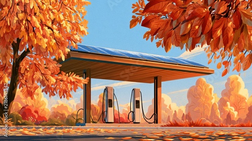 Solar charging station under a clear sky, surrounded by autumn leaves
