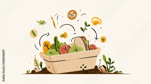 Container has organic materials, with arrows illustrating composting