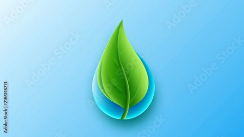 A water droplet features a green leaf design