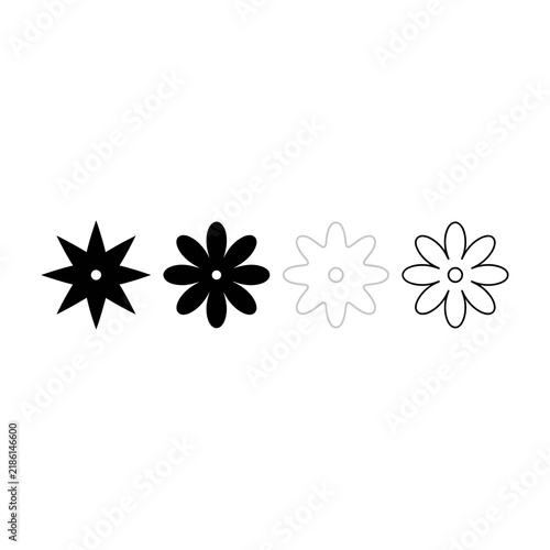 Four stylized flower icons in a row, black and white