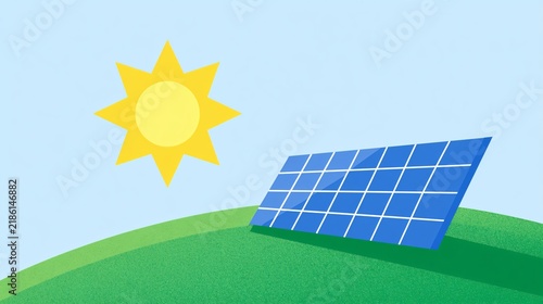 A clean sun shines over a sleek solar panel on a green hill during daytime