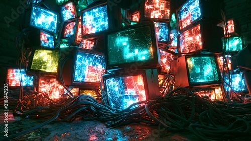 Bright screens display various colors creating visual chaos in a dark space