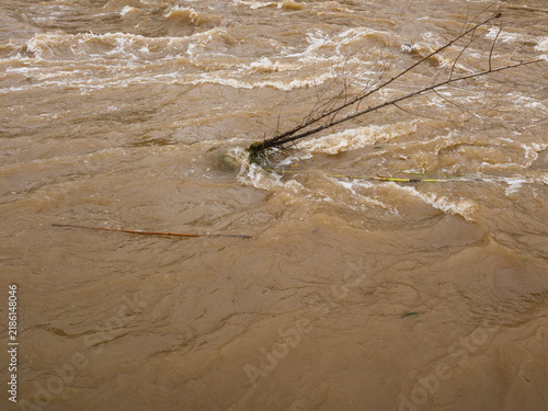 Canvas Print Muddy overflowing river after heavy autumn rain