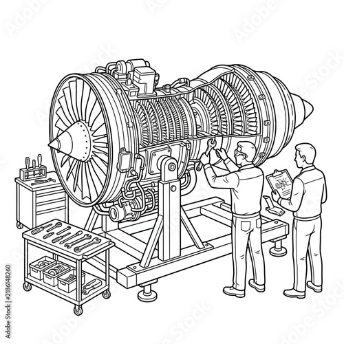 Aircraft mechanics inspect and assemble a large jet engine turbine using hand tools on a workshop maintenance stand.