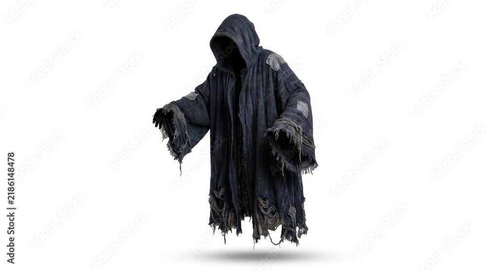 Fototapeta premium Mysterious dark hooded robe with tattered edges and worn fabric patches, supernatural costume isolated on white background for Halloween and fantasy