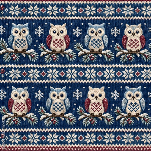 Nordic Sleigh Knit Repeat Seamless Pattern Winter Owl Pattern on Dark Blue Background for Cozy Decor