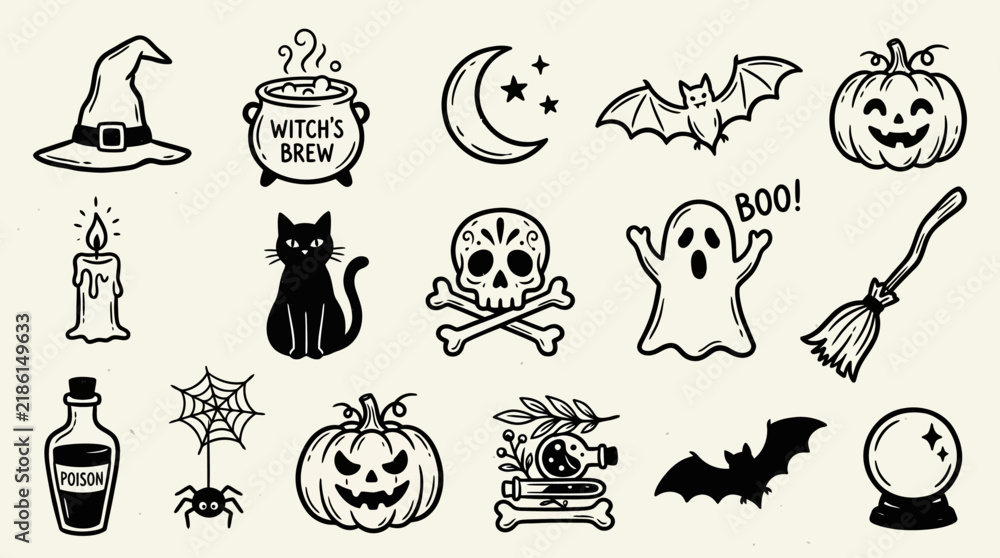 Fototapeta premium Set of cute hand drawn Halloween doodle icons and elements.