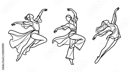 Dancer Woman Set Continuous Thick Single-Line Vector Art, Elegant Flowing Fashion Figure Illustration