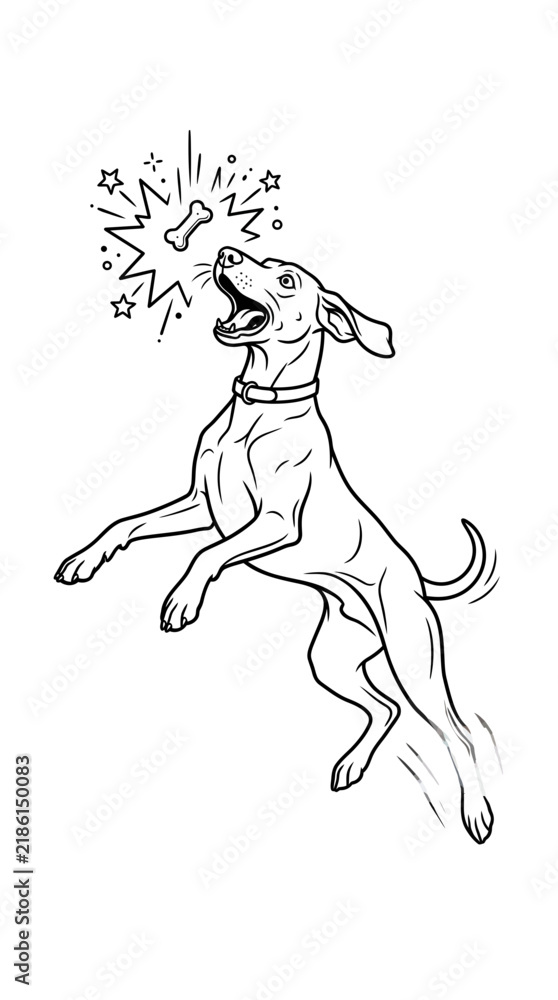 Fototapeta premium Happy dog jumping to catch a falling treat, line art illustration of a playful puppy.
