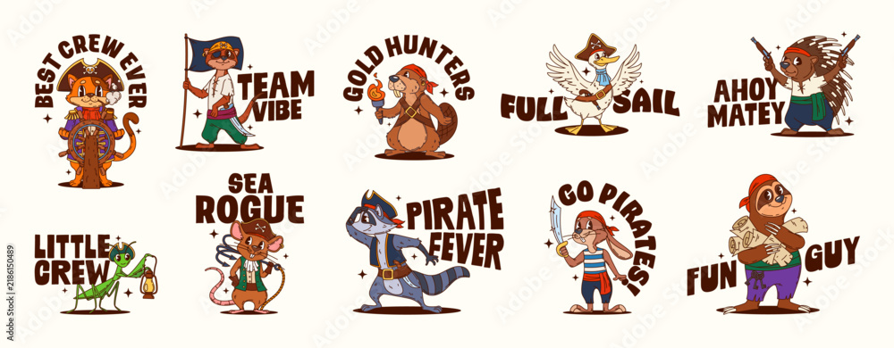 Obraz premium Cartoon groovy animal pirate and corsair y2k stickers. Funny cat captain in tricorn hat, meerkat, beaver and hedgehog with pirate slogans for print on demand merchandise or kids stationery