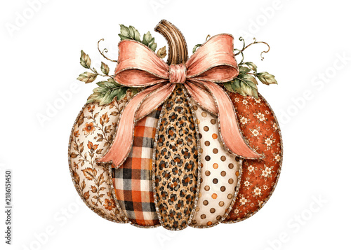 Decorative Halloween Pumpkin with Leopard Print Sections and Large Pink Bow Isolated on Transparent Background