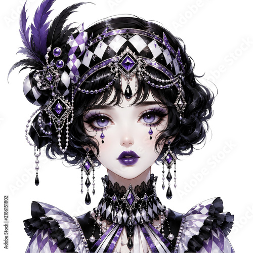Elegant Gothic Woman with Black Hair Wearing Ornate Black and Purple Victorian Costume Isolated on Transparent Background