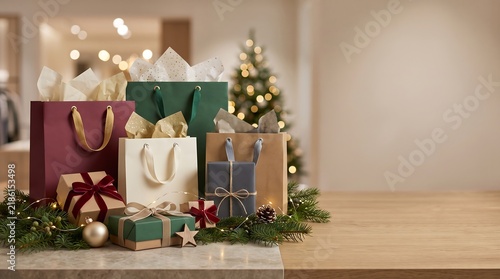 Christmas shopping bags and gift boxes on a table isolated on white background