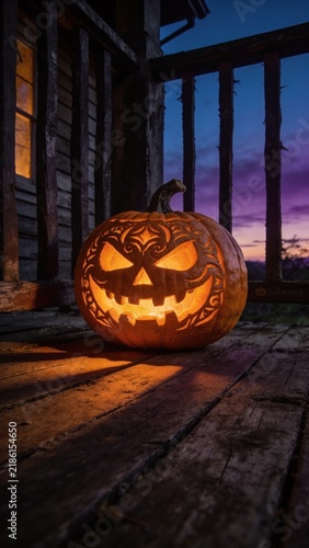 Glowing Jack-o'-Lantern on a Rustic Porch at Night