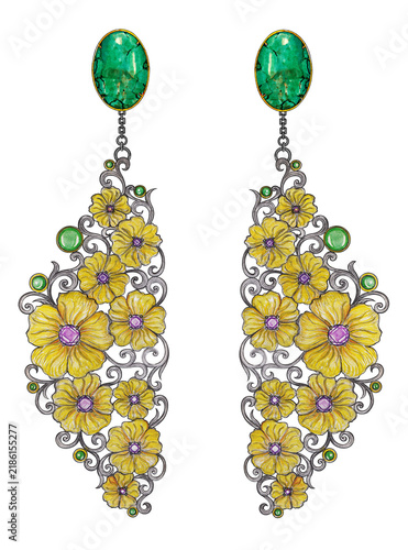 Jewelry design flower art earrings with amethyst green sapphire and turquoise by hand drawn.