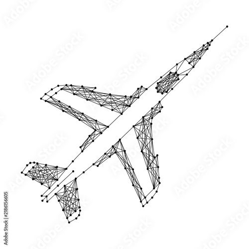 fighter jet aircraft from abstract futuristic polygonal black lines and dots