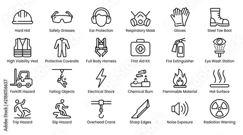 Workplace safety hazard outline icons set, collection of hard hat, gloves, fire extinguisher, and other symbols.