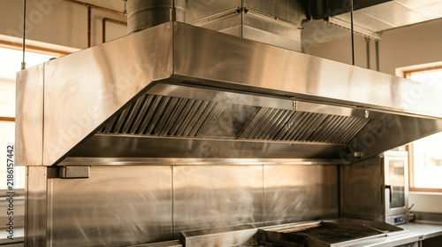 Stainless steel extraction hood above a flat top grill in a pro kitchen