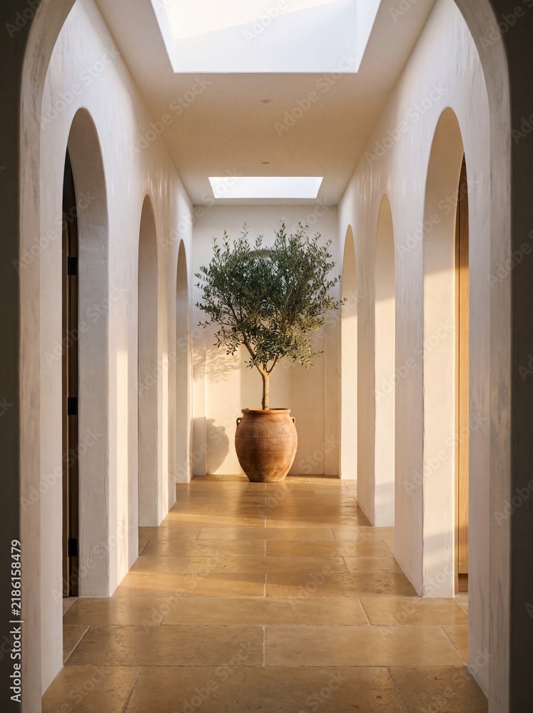 Fototapeta premium White Corridor with Olive Tree in Large Terracotta Urn