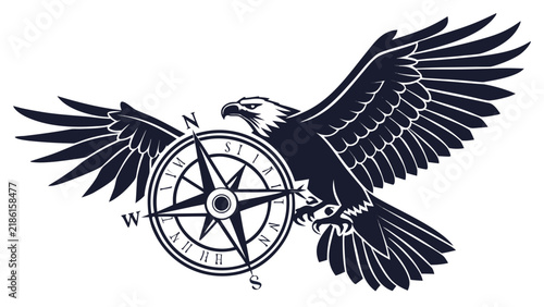 Foto Eagle flying over a vintage navigation compass symbol with bird of prey navigati