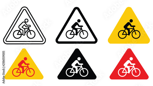 Set of bicycle traffic warning signs in multiple styles and color schemes with triangular transport pictogram collection transportation elements