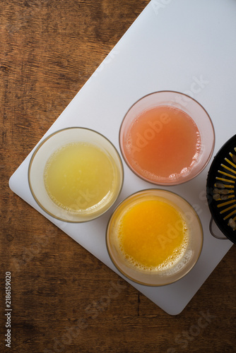 Glasses of fresh fruit juices from above