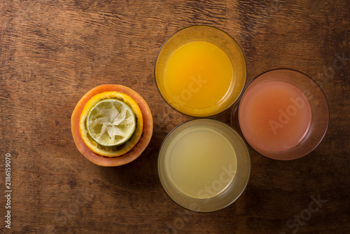 Glasses of fresh fruit juices from above