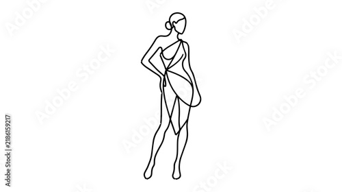 Sensual Female Fashion Figure CAD Vector, Continuous Line Art Technical Drawing for Apparel Design