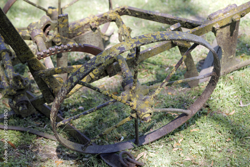 фотографія Vintage agricultural plough rusting with yellow moss over time