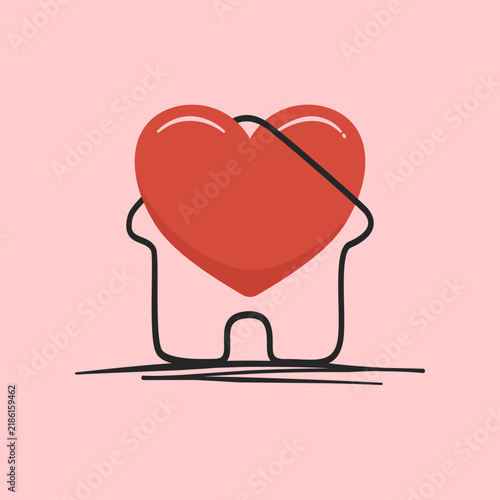 Minimalist line art illustration of a house and red heart on a pink background. Cute doodle concept for sweet home, family and real estate.