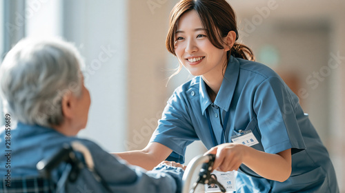 高齢者の暮らしに寄り添う介護士と車椅子介助の介護イメージ