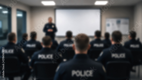 Blurred silhouettes of uniformed police officers seated at chairs during a morning pre-shift briefing