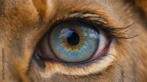 Extreme macro photorealistic footage of a single beautiful lion eye, unmistakable African lion