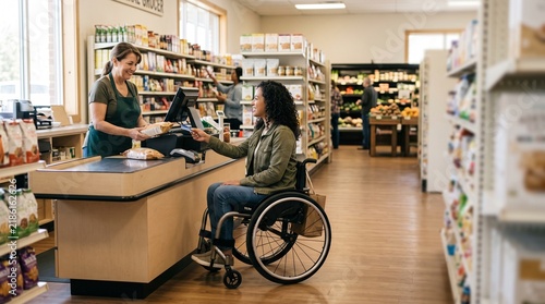 Smiling cashier taking payment from disabled customer sitting in wheelchair at supermarket checkout